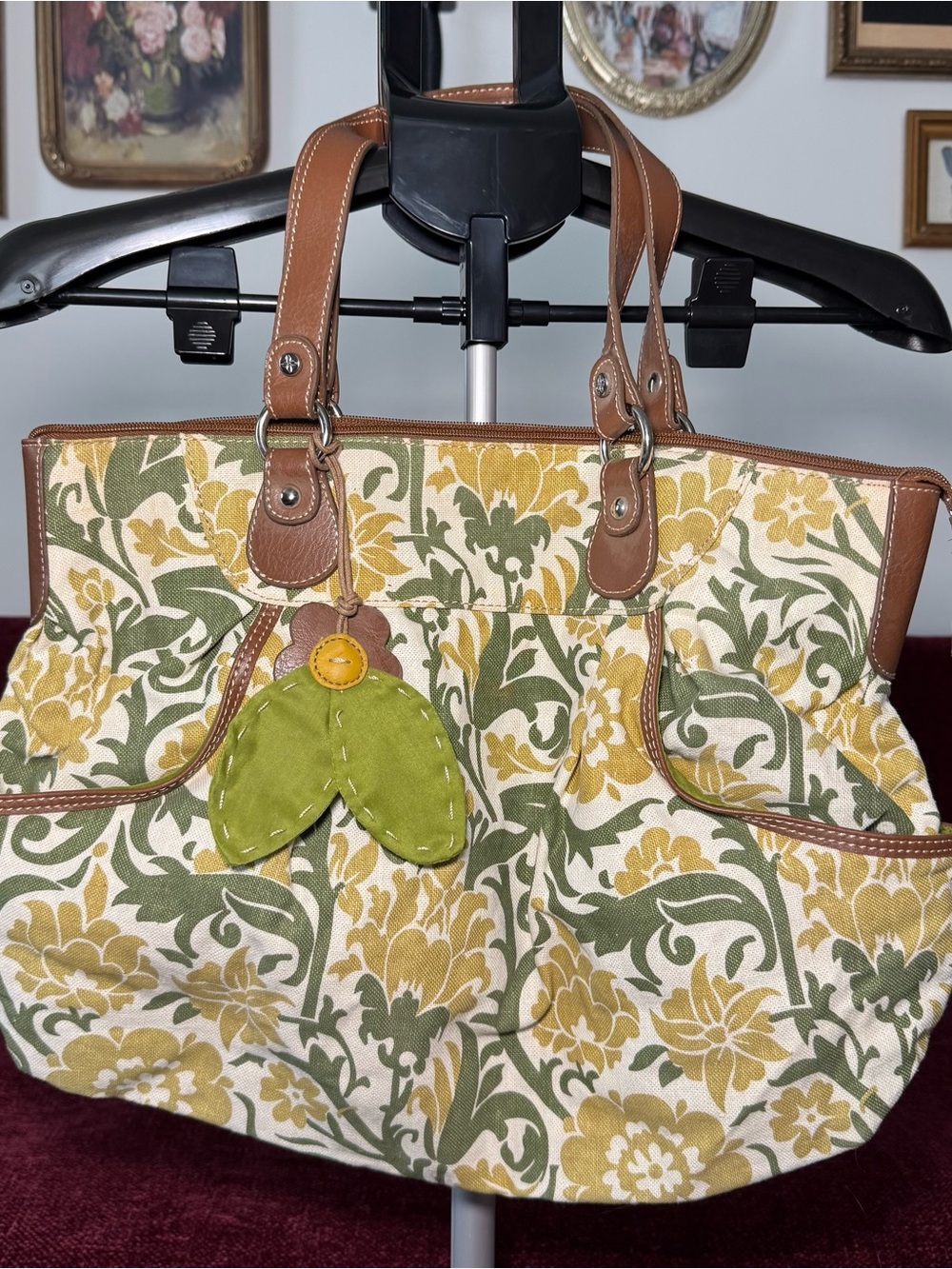 Green Floral Relic Tote Bag with Brown Trim and Leaf Bag Charm